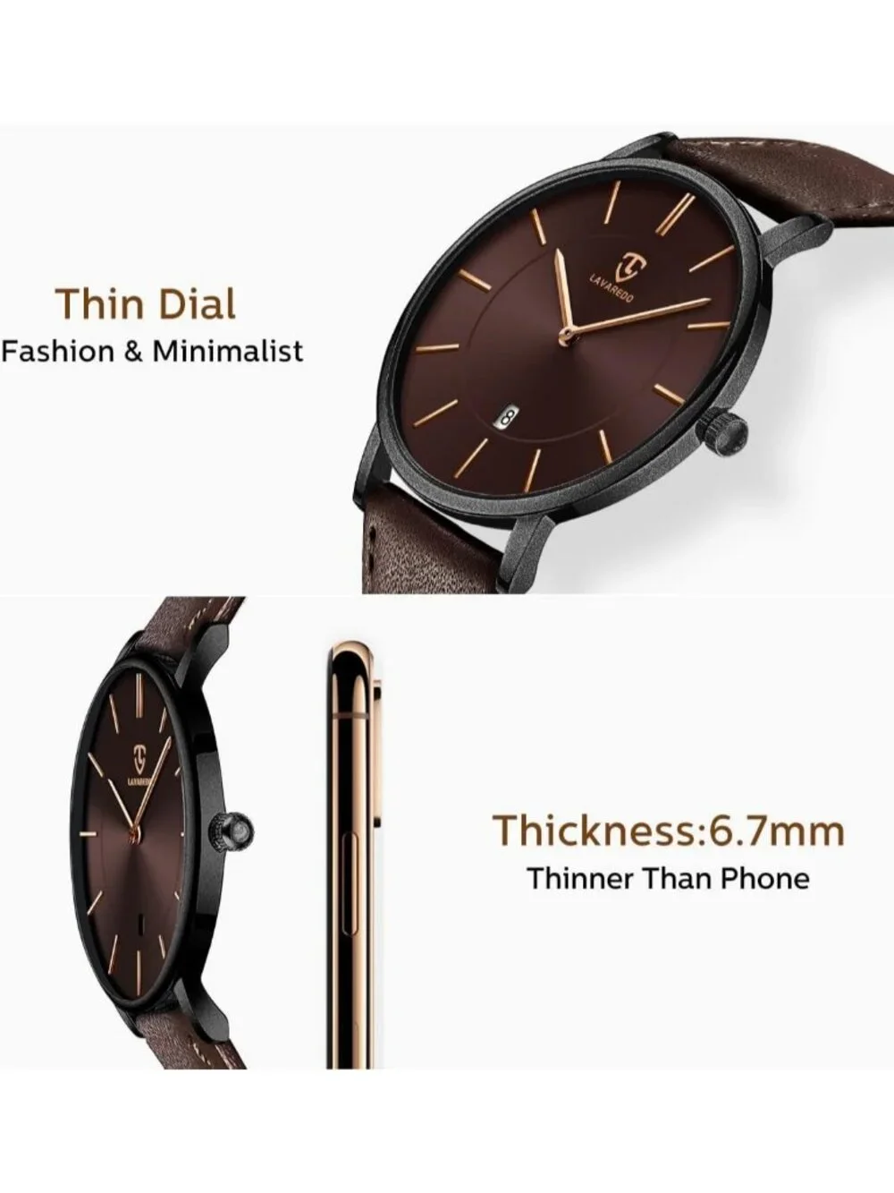 Men's Coffee Brown Leather Strap Analog Minimalist Fashion Simple Wrist Watch